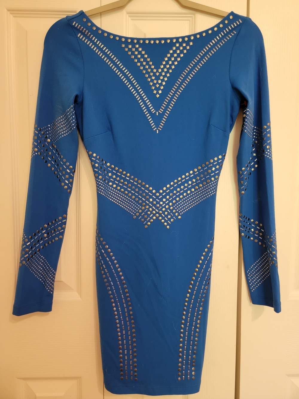 bebe Royal Blue Long Sleeve Studded Bodycon Dress